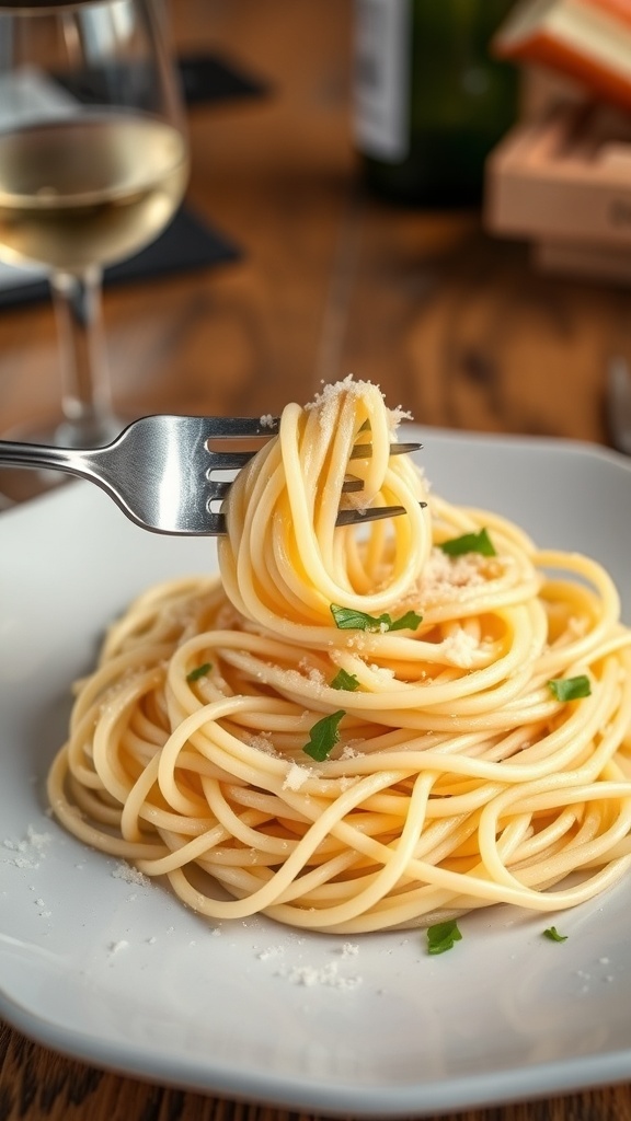 Creamy white spaghetti (espagueti blanco) topped with Parmesan cheese and parsley on a rustic table.